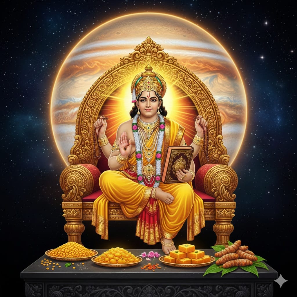 పసుపు కాంతితో వెలిగిపోతున్న గురు భగవానుడు మరియు గురువార పూజా సామాగ్రి.