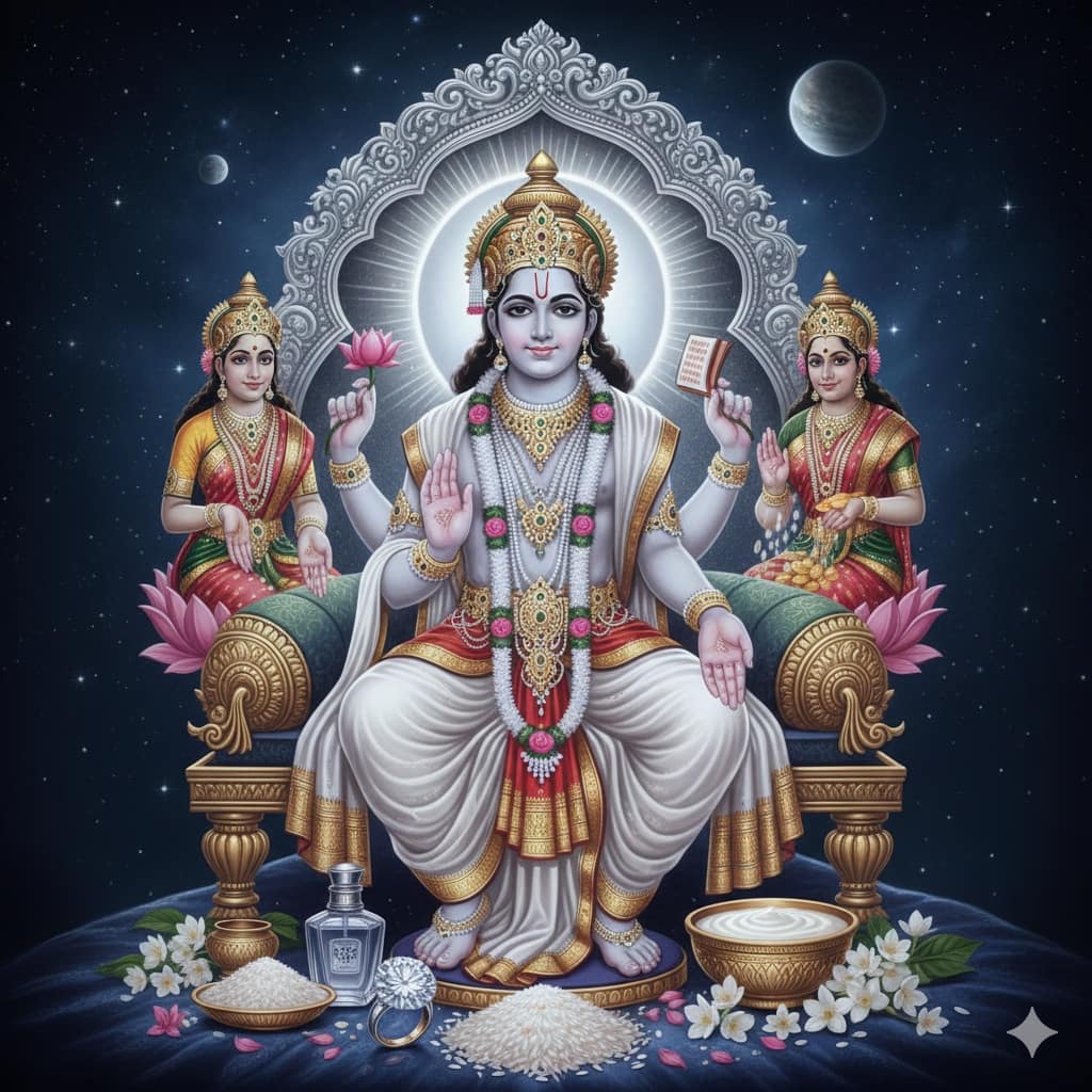 వెండి కాంతితో వెలిగిపోతున్న శుక్ర భగవానుడు మరియు మహాలక్ష్మీ దేవి అనుగ్రహం.