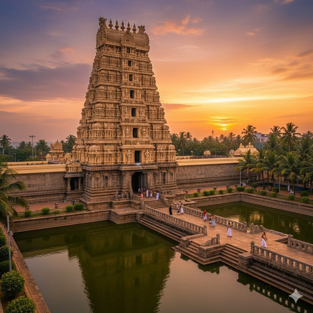 అనంత పద్మనాభ స్వామి ఆలయం, తిరువనంతపురం - స్వర్ణ గోపురం మరియు పద్మతీర్థం కోనేరు యొక్క అద్భుత దృశ్యం.