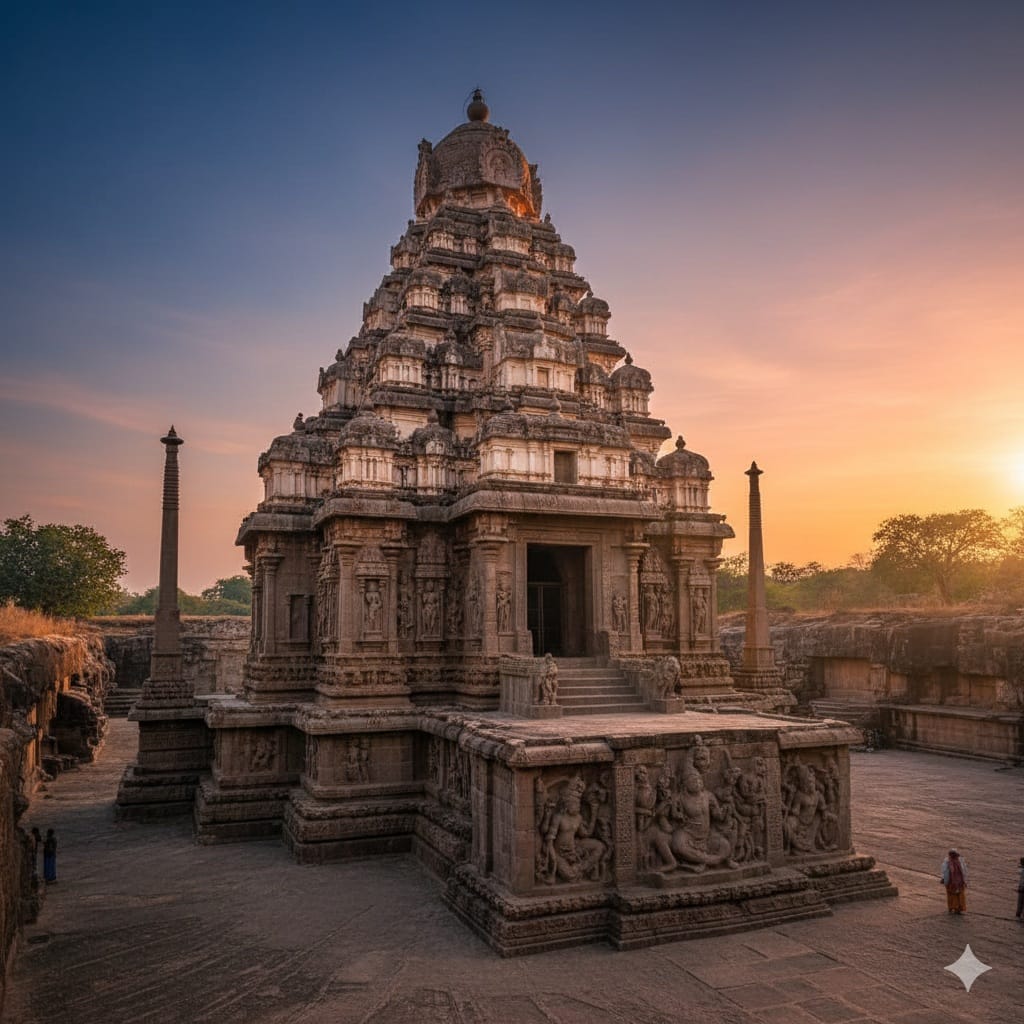 ల్లోరాలోని కైలాస దేవాలయం - ఒకే కొండను పై నుండి కిందికి తొలిచి నిర్మించిన అద్భుత ఏకశిలా కట్టడం.