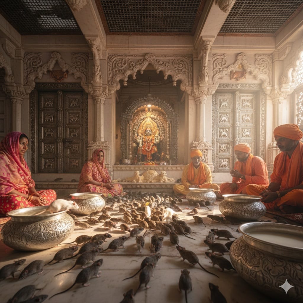 రాజస్థాన్ దేశ్నోక్ లోని కర్ణి మాత ఆలయం - వెండి గిన్నెల్లో పాలు తాగుతున్న పవిత్రమైన ఎలుకలు (కాబాలు) మరియు భక్తులు.