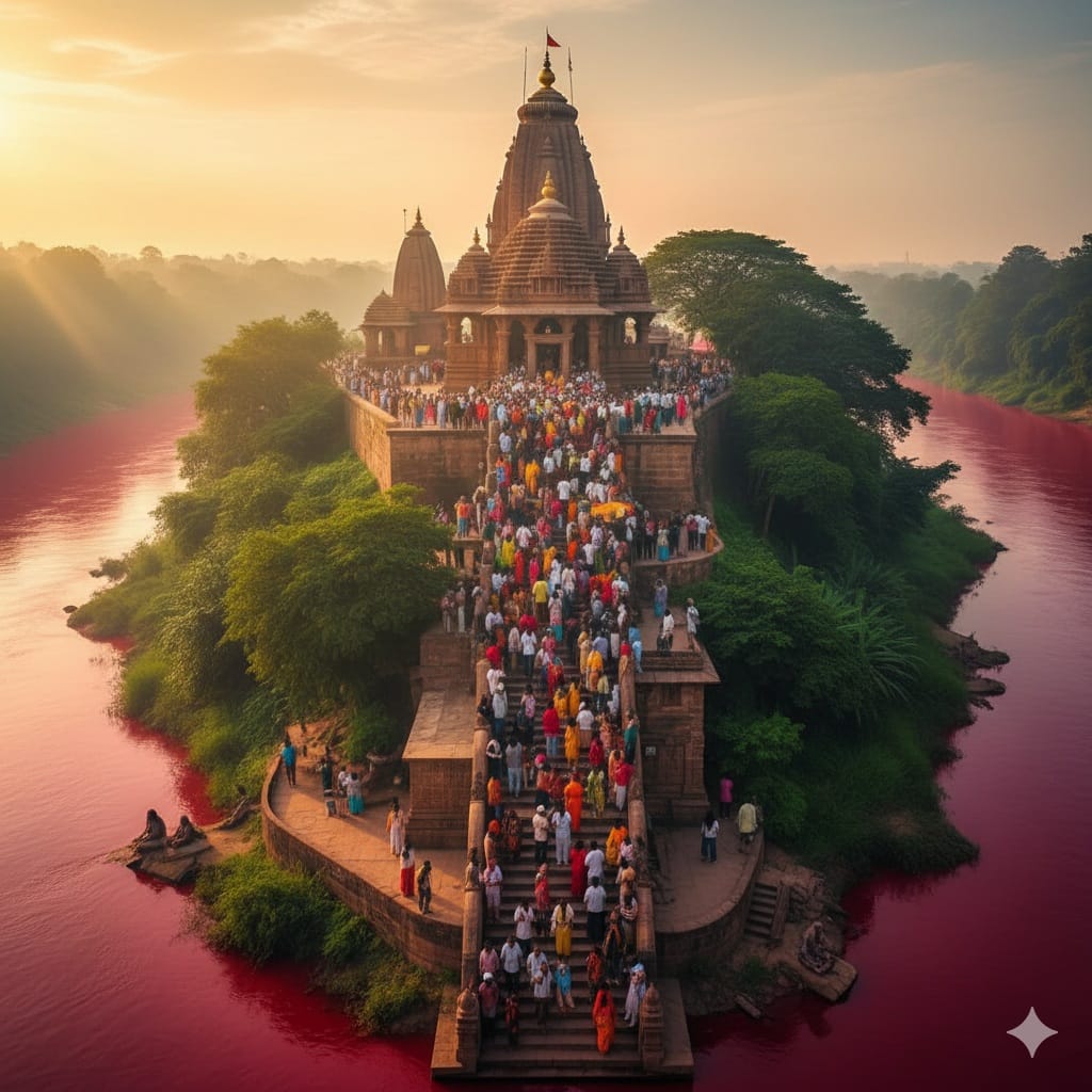 అస్సాంలోని కామాఖ్య దేవి ఆలయం మరియు అంబుబాచి మేళా సమయంలో ఎర్రగా మారిన బ్రహ్మపుత్ర నది నీరు.