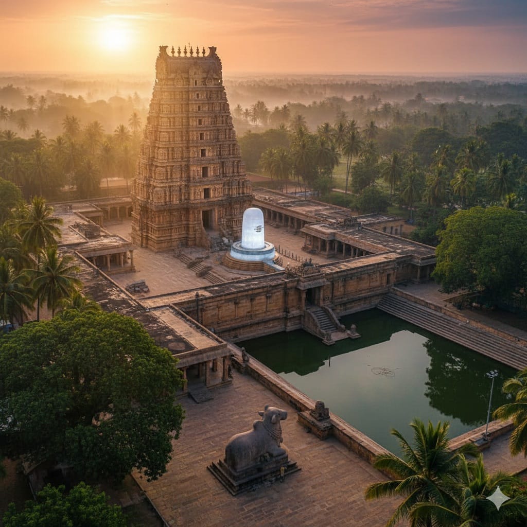 సామర్లకోట కుమారరామ భీమేశ్వర ఆలయ వైమానిక దృశ్యం - 14 అడుగుల స్ఫటిక లింగం, ఏకశిలా నంది మరియు పుష్కరిణి.