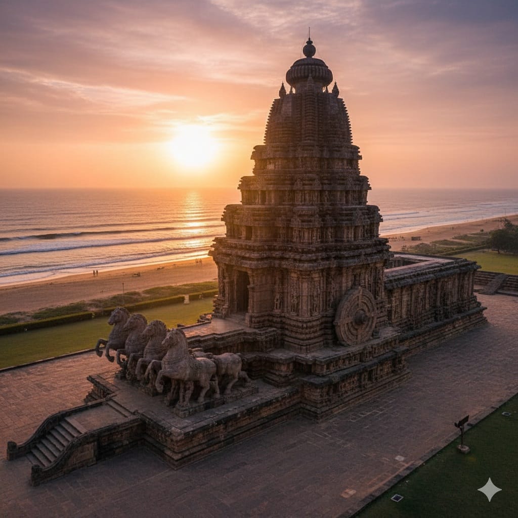 ఒడిశాలోని కోణార్క్ సూర్య దేవాలయం - సముద్ర తీరాన సూర్యోదయ వేళ రాతి రథం మరియు గుర్రాల శిల్పకళ.