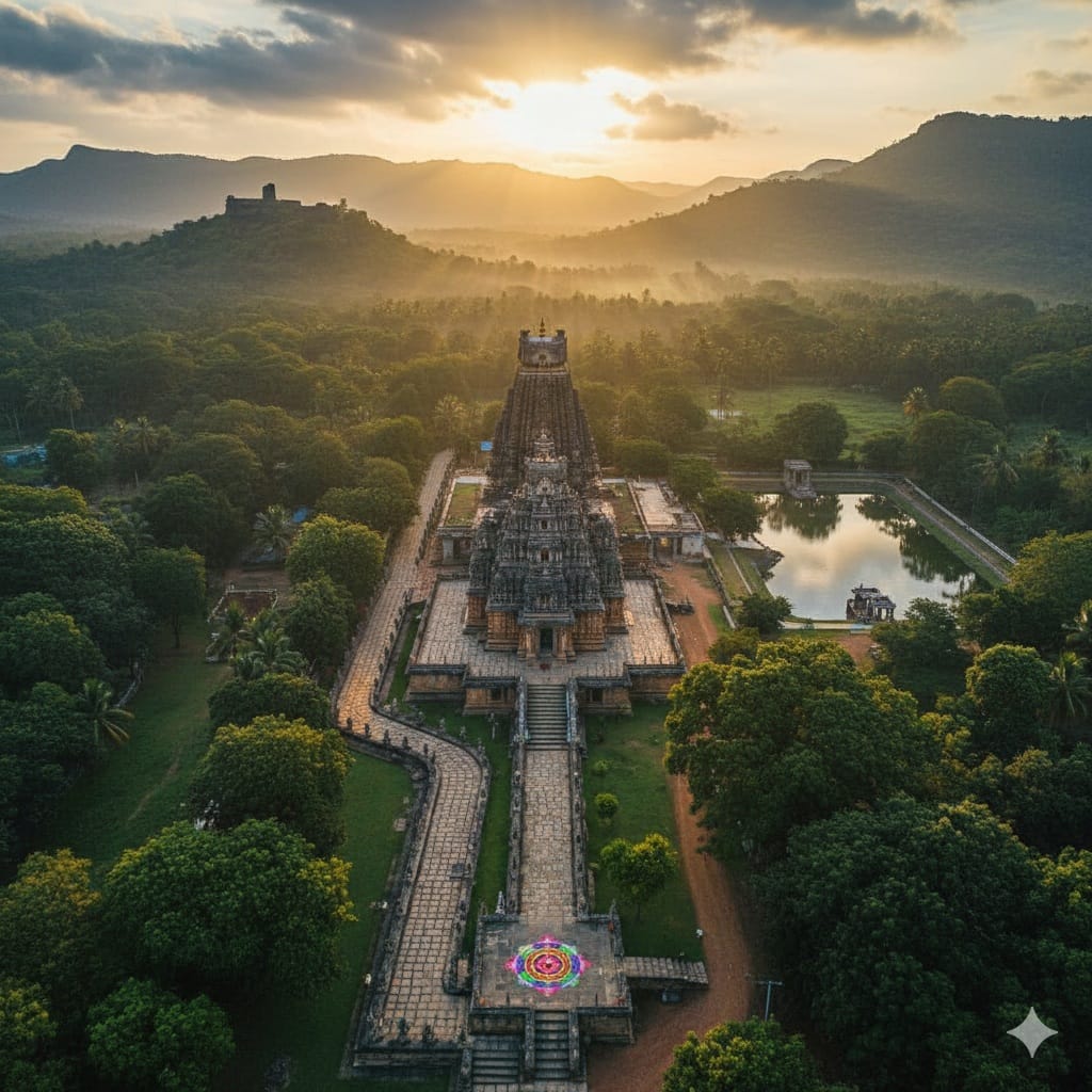 కర్ణాటకలోని ఘటి సుబ్రహ్మణ్యం ఆలయ వైమానిక దృశ్యం - నేపథ్యంలోని మక్లిదుర్గ కొండలు మరియు ముందు భాగంలోని నాగ మండల చక్రం.