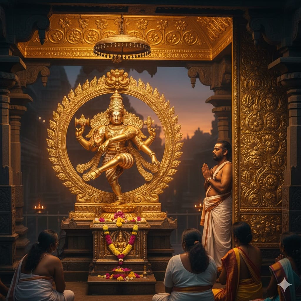 చిదంబరం నటరాజ స్వామి బంగారు విగ్రహం మరియు ఆలయ గర్భాలయంలో పూజ చేస్తున్న దృశ్యం.