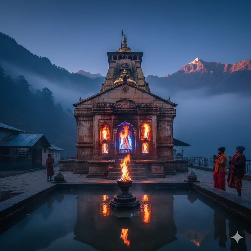 హిమాచల్ ప్రదేశ్లోని జ్వాలాముఖి ఆలయం - యుగాల నుండి ఆరని అఖండ జ్వాలలు మరియు హిమాలయ పర్వతాల దృశ్యం.