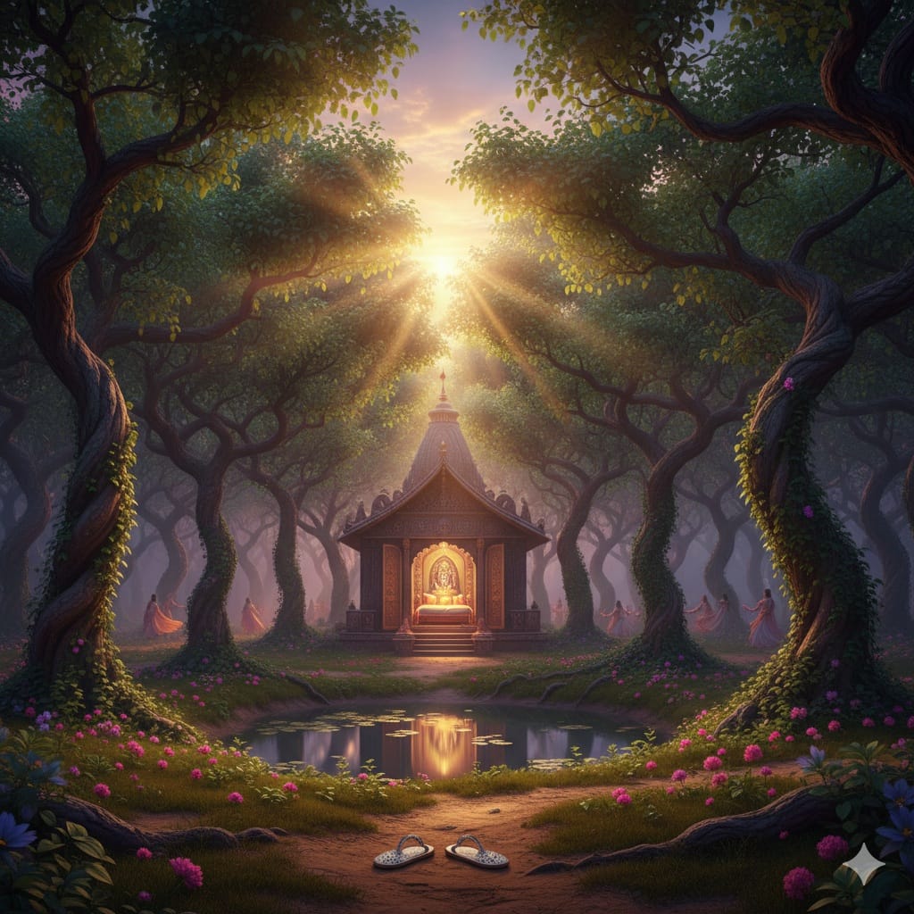 బృందావనంలోని నిధివన్ రహస్య అడవి - రాత్రి వేళల్లో రాధాకృష్ణులు విశ్రమించే రంగ మహల్ మరియు వింతైన వంగిన చెట్లు.