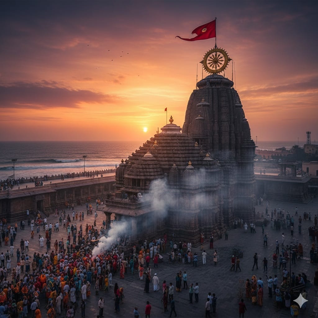 పూరీ జగన్నాథ ఆలయ శిఖరం, గాలికి వ్యతిరేకంగా ఎగిరే జెండా మరియు నీలచక్రం యొక్క అద్భుత దృశ్యం.