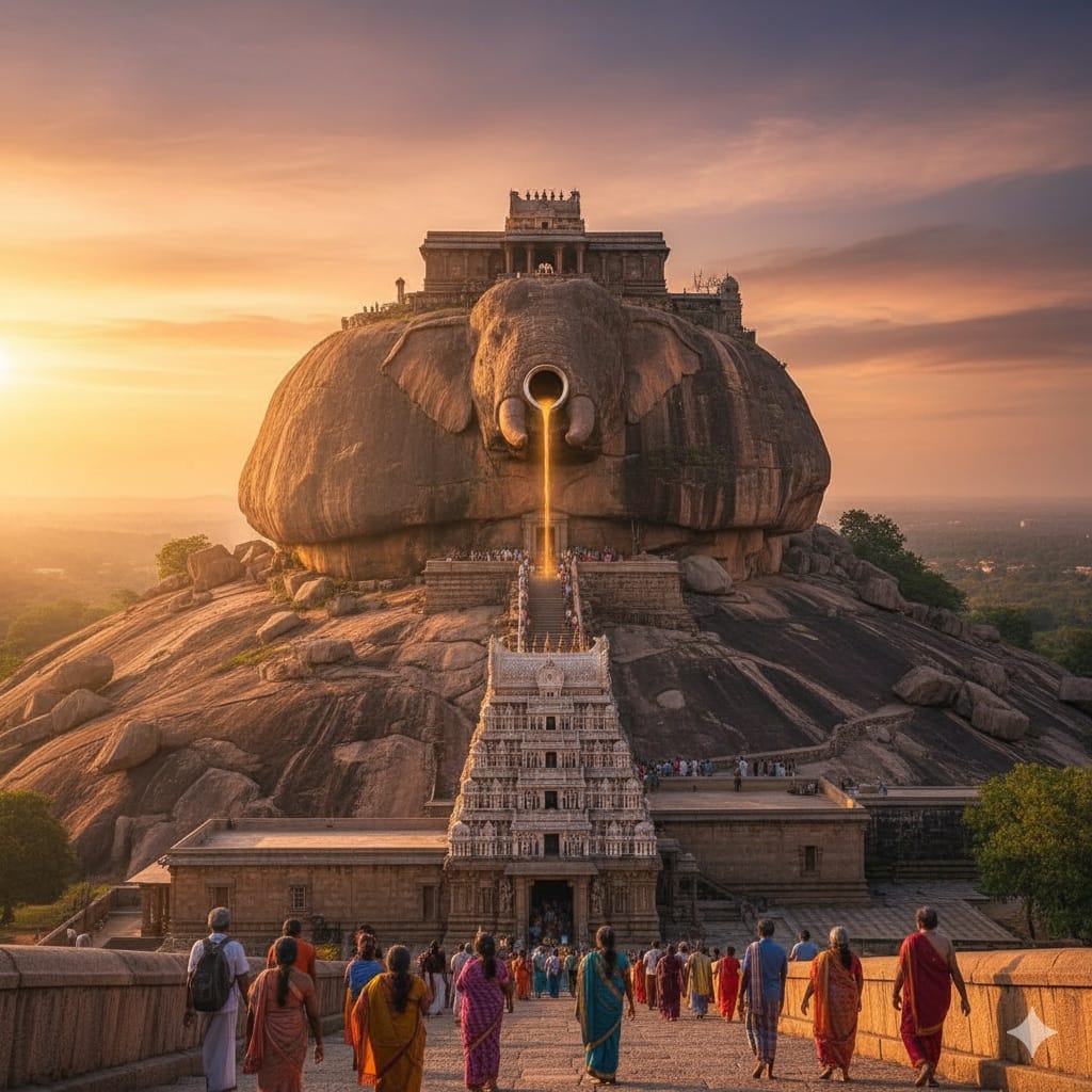 మంగళగిరి పానకాల నరసింహ స్వామి ఆలయం - ఏనుగు ఆకారంలో ఉన్న కొండ మరియు పానకం సమర్పించే దృశ్యం.