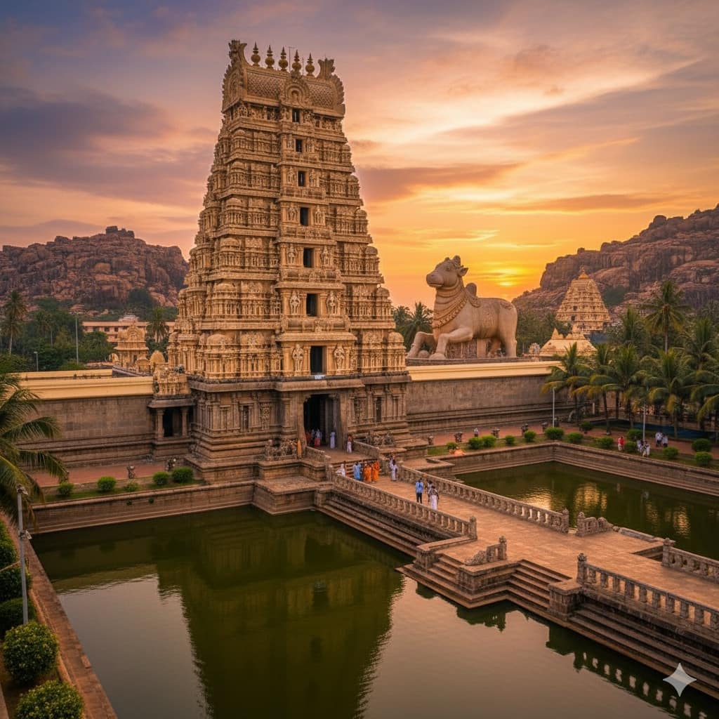 యాగంటి ఉమా మహేశ్వర ఆలయం - పెరుగుతున్న నంది విగ్రహం మరియు అగస్త్య పుష్కరిణి అద్భుత దృశ్యం.