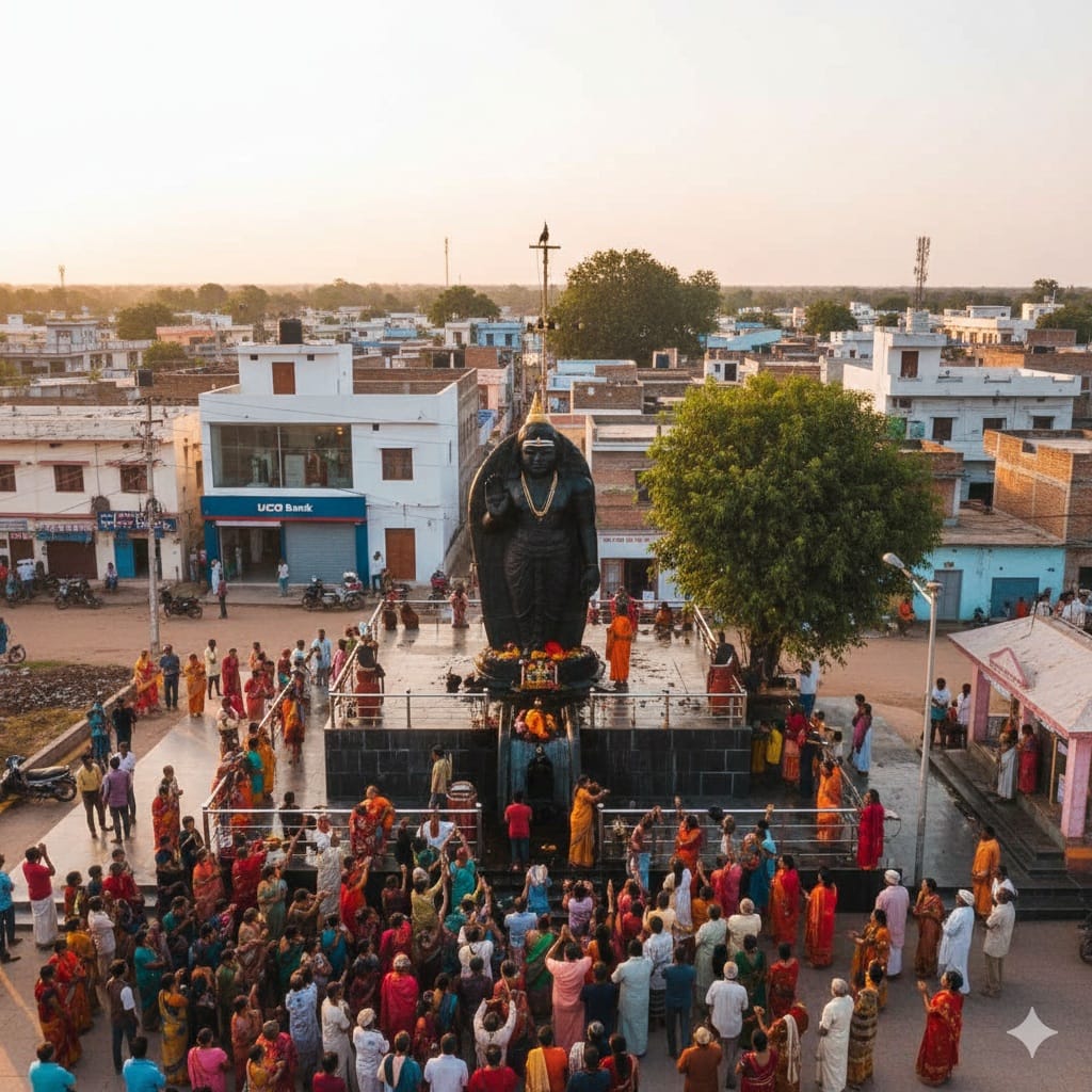శని శింగనాపూర్ స్వయంభూ శని దేవుని విగ్రహం - ఆకాశమే నీడగా ఉన్న బహిరంగ ఆలయం మరియు భక్తుల సందడి.