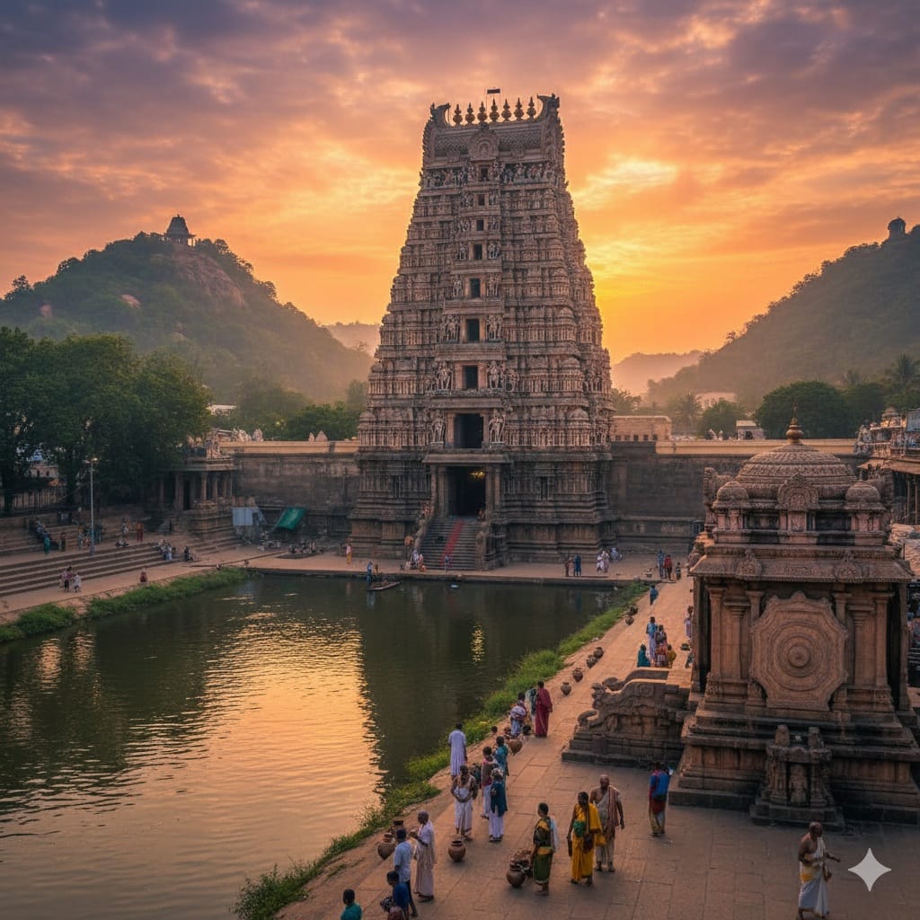 శ్రీకాళహస్తి వాయులింగేశ్వర స్వామి ఆలయ రాజగోపురం మరియు పవిత్ర స్వర్ణముఖి నది సూర్యాస్తమయ దృశ్యం.