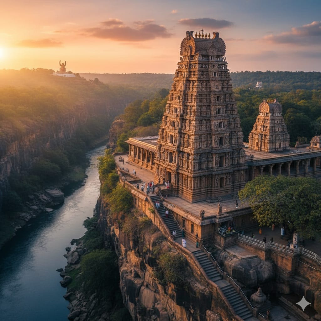 నల్లమల కొండల మధ్య, కృష్ణా నదీ తీరాన వెలసిన శ్రీశైల భ్రమరాంబికా మల్లికార్జున స్వామి ఆలయ అద్భుత దృశ్యం.