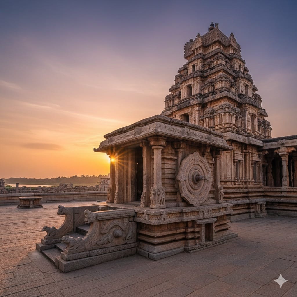 హంపి విఠల దేవాలయంలోని ప్రసిద్ధ రాతి రథం మరియు గోపురం - సూర్యాస్తమయ సమయంలో అద్భుత దృశ్యం.