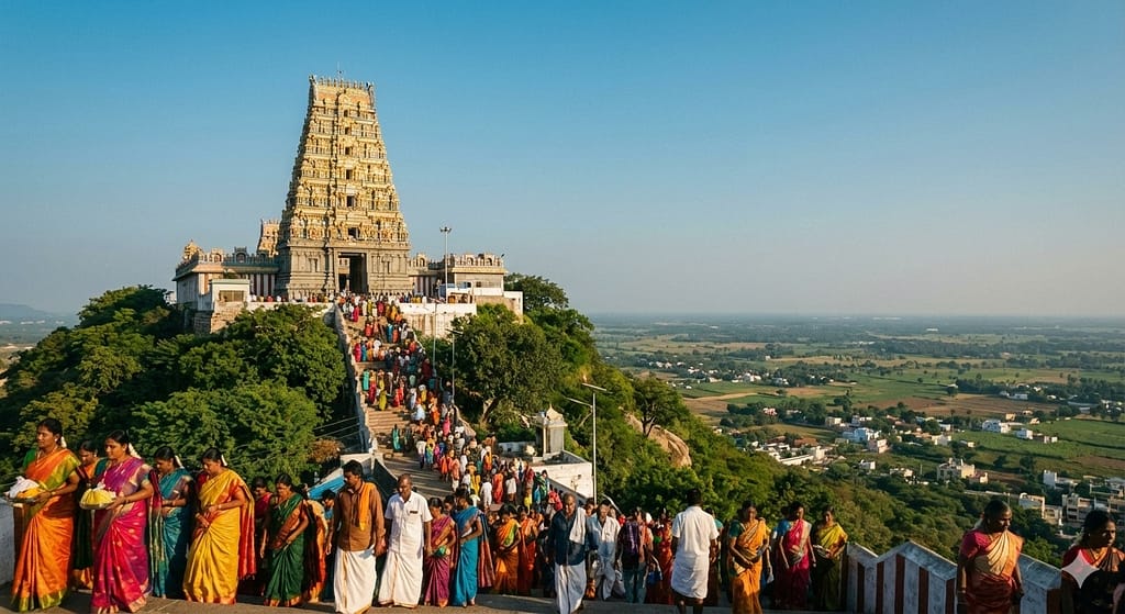 తిరుత్తణి కొండపై వెలిసిన సుబ్రహ్మణ్య స్వామి ఆలయం, 365 మెట్లు మరియు స్వామివారి శాంత స్వరూపం.