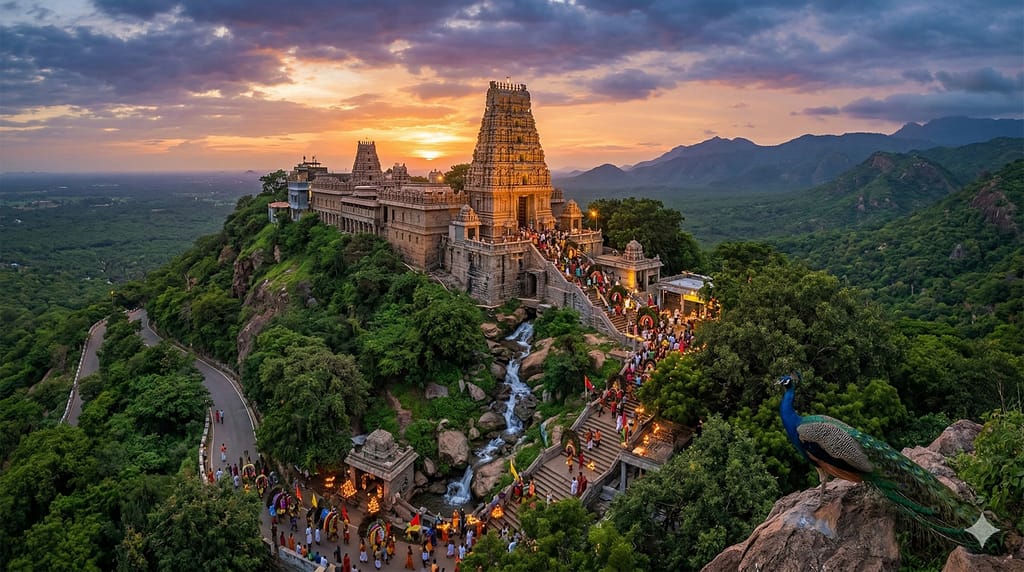 మరుడమలై సుబ్రహ్మణ్య స్వామి ఆలయ రాజగోపురం - పశ్చిమ కనుమల నీలగిరి పర్వతాల మధ్య వెలసిన మురుగన్ క్షేత్రం మరియు సూర్యాస్తమయ దృశ్యం.