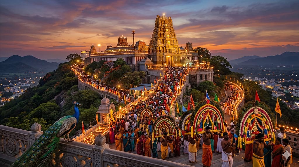 పళని దండాయుధపాణి స్వామి ఆలయ రాజగోపురం, కావడి ఉత్సవం మరియు నవపాషాణ విగ్రహం ఉన్న పళని కొండ.
