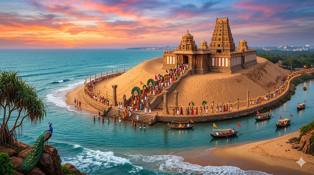 బియ్యపుతిప్ప సుబ్రహ్మణ్య స్వామి ఆలయం (ఆంధ్రప్రదేశ్) - ఉప్పుటేరు-సముద్ర సంగమం, ఇసుక దిబ్బ మరియు కావడి ఉత్సవం.