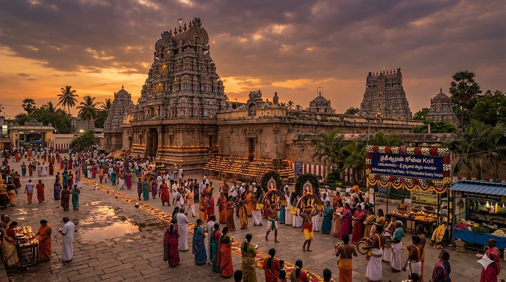 వైతీశ్వరన్ కోవ Koil (తమిళనాడు) - శ్రీ వైద్యనాథ స్వామి ఆలయ రాజగోపురం, కావడి ఉత్సవం మరియు నాడి జ్యోతిష్య కేంద్రం.