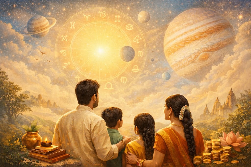 జాతకంలో మంచి కాలం ప్రారంభమవుతున్న సూచనలను చూపించే హిందూ జ్యోతిష్య చిత్రం, గ్రహాల కాంతి మరియు శుభ మార్పులను సూచించే వాతావరణం