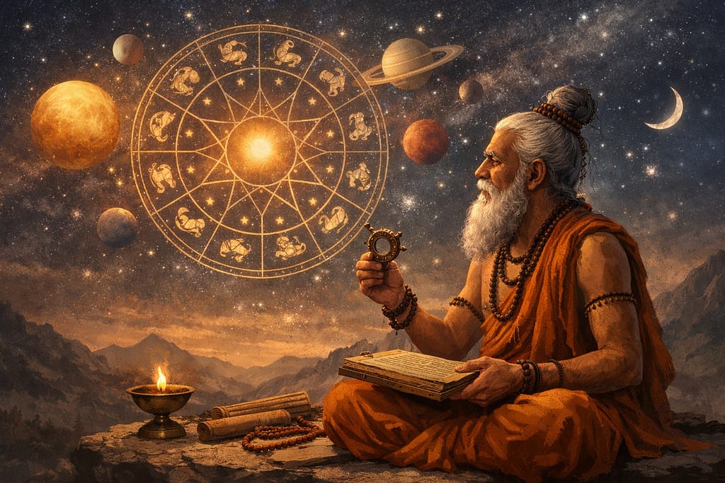 జ్యోతిష్యం మరియు కర్మను సూచించే భారతీయ ఋషి ధ్యాన చిత్రం