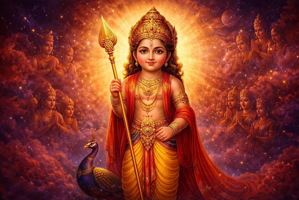 స్కంద పురాణం ప్రకారం దేవతల రక్షణ కోసం అవతరించిన శ్రీ సుబ్రహ్మణ్య స్వామి దివ్య స్వరూపాన్ని చూపించే భక్తిపూర్వక చిత్రం