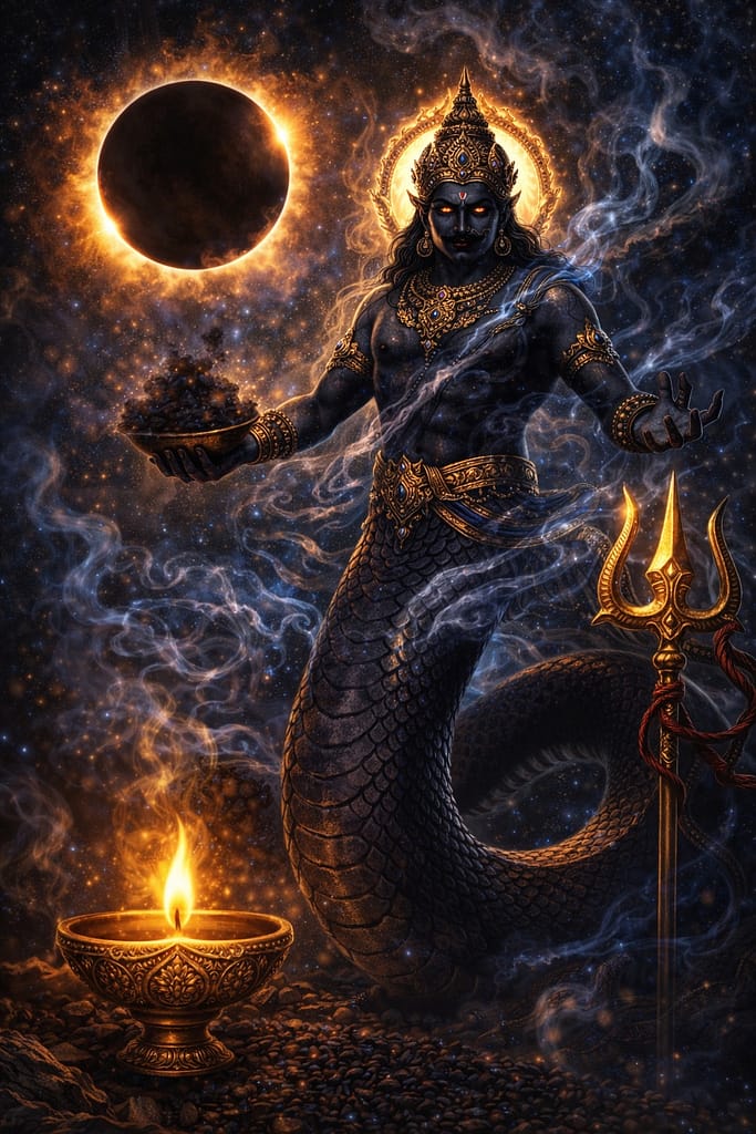 నీలిరంగు కాంతితో భయంకరంగా ఉన్న రాహు భగవానుడు మరియు దుర్గాదేవి ఆరాధన.