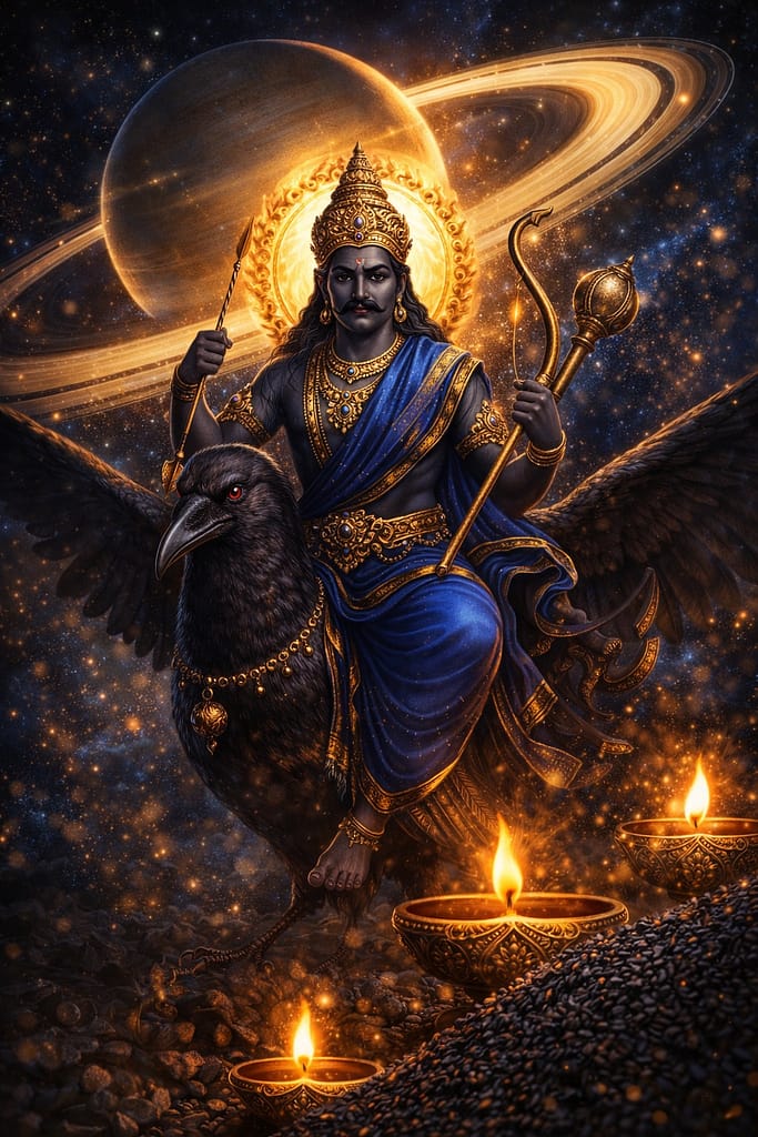 నల్లటి కాంతితో గంభీరంగా ఉన్న శని భగవానుడు మరియు శని దోష నివారణకు నువ్వుల నూనె దీపారాధన.